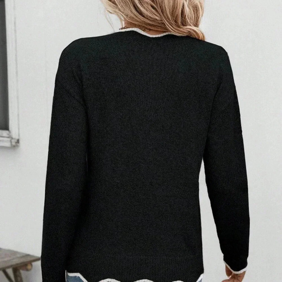 Black Casual Women's Color Block V-Neck Long Sleeve Loose Sweater - Picture 2 of 6